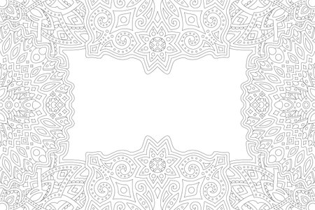 Beautiful monochrome linear illustration for adult coloring book page with rectangle eastern border with star shapes and white copy spaceのイラスト素材