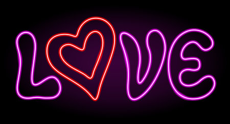 Beautiful colorful linear valentines day illustration with illuminated neon text love and red heart shape on the dark backgroundのイラスト素材