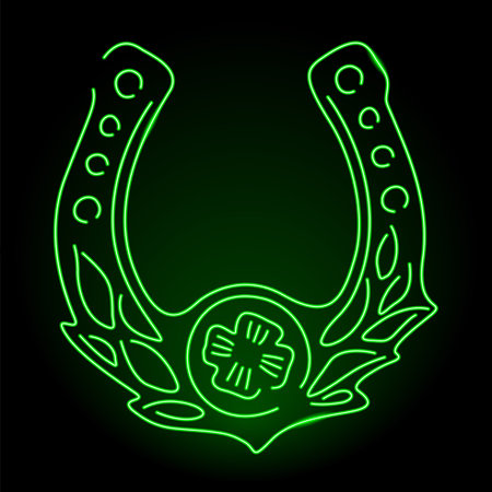 Beautiful colorful linear illustration for saint patricks day with green illuminated neon horsehoe on the dark backgroundのイラスト素材