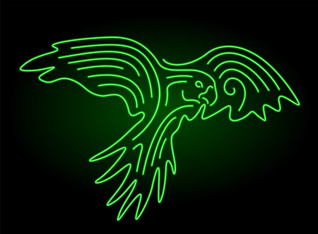 Beautiful colorful linear illustration with green illuminated neon parrot silhouette on the dark backgroundのイラスト素材