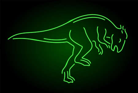 Colorful linear illustration with beautiful neon green shiny dinosaur silhouette isolated on the dark backgroundのイラスト素材