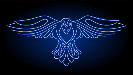 Beautiful linear illustration with neon blue shiny stylized raven silhouette on the dark backgroundのイラスト素材