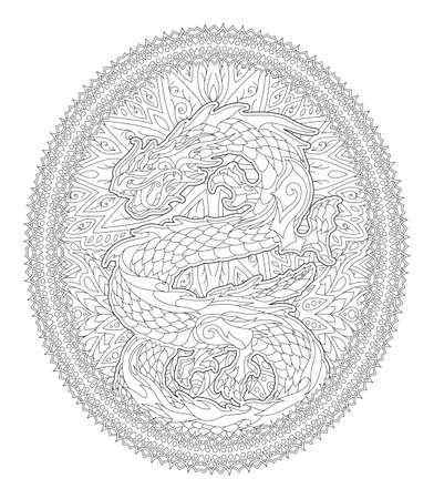 Beautiful monochrome vector linear illustration for adult coloring book page with eastern dragon in abstract frame isolated on the white backgroundのイラスト素材