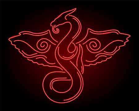 Beautiful linear illustration with colorful neon red shiny chinese dragon silhouette on the dark backgroundのイラスト素材