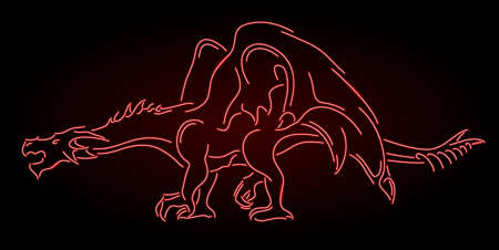 Beautiful vector linear illustration with stylized colorful neon red shiny dragon silhouette on the dark backgroundのイラスト素材