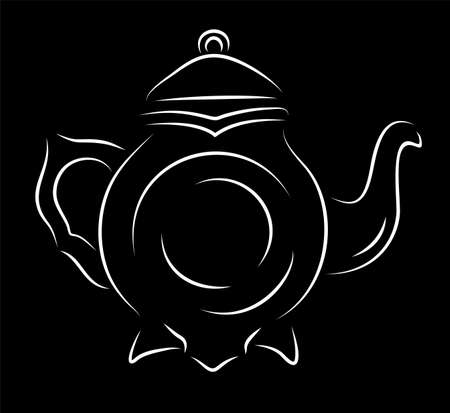 Beautiful monochrome vector illustration with stylized white hand drawn teapot isolated on the black backgroundのイラスト素材