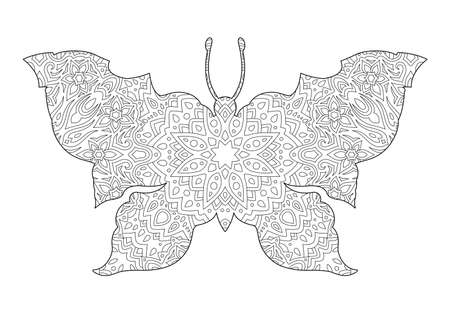 Beautiful monochrome linear vector illustration for adult coloring book page with stylized butterfly silhouette on the white backgroundのイラスト素材