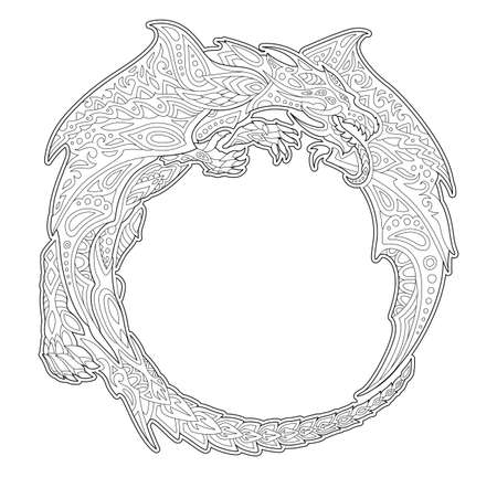 Beautiful monochrome linear fantasy vector frame for adult coloring book page with decorative dragon around white copy spaceのイラスト素材