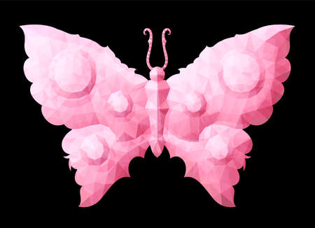 Beautiful low poly vector illustration with colorful pink decorative butterfly silhouette isolated on the black backgroundのイラスト素材