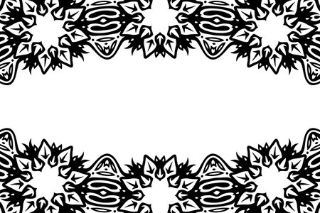 Beautiful monochrome vector background with abstract black tribal floral border and white copy spaceのイラスト素材