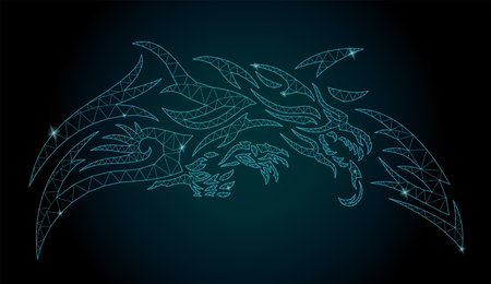 Beautiful cosmic low poly vector illustration with shiny decorative dragon silhouette on the dark backgroundのイラスト素材
