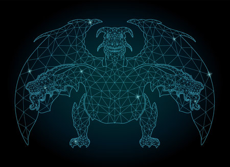 Beautiful cosmic low poly vector illustration with colorful blue shiny decorative three headed dragon on the dark backgroundのイラスト素材