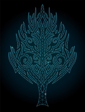 Beautiful cosmic low poly vector illustration with shiny linear decorative tree shape on the dark backgroundのイラスト素材