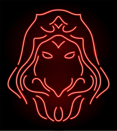 Beautiful fantasy linear vector illustration with colorful neon red shiny decorative thief head on the dark backgroundのイラスト素材