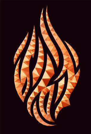 Beautiful low poly vector illustration with colorful red shiny fire flame shape on the dark backgroundのイラスト素材