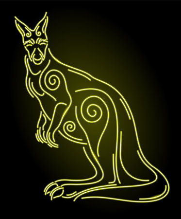Beautiful linear vector illustration with colorful neon yellow shiny decorative kangaroo silhouette on the dark backgroundのイラスト素材