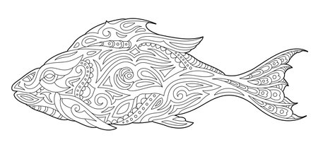 Beautiful monochrome linear vector illustration for adult coloring book page with decorative fish silhouette isolated on the white backgroundのイラスト素材