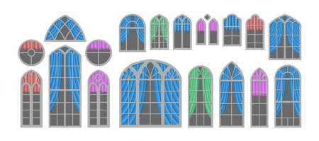 Beautiful vector set of windows with curtains. Illustration isolated on white background.のイラスト素材