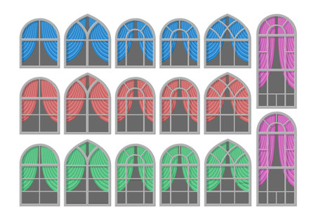 Set of windows with curtains. Vector illustration isolated on white background.のイラスト素材