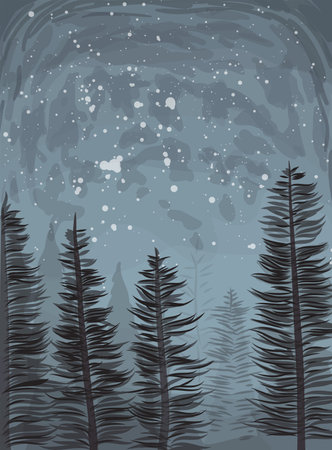 A serene winter forest silhouette with snow falling gently against a dark blue skyのイラスト素材