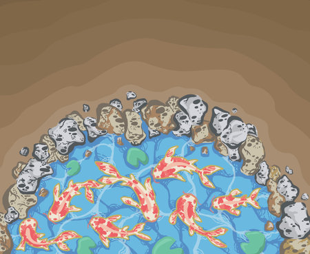 A vibrant and peaceful illustration featuring a top-down view of a koi pond, showcasing colorful fish swimming amongst lily pads and surrounded by stonesのイラスト素材