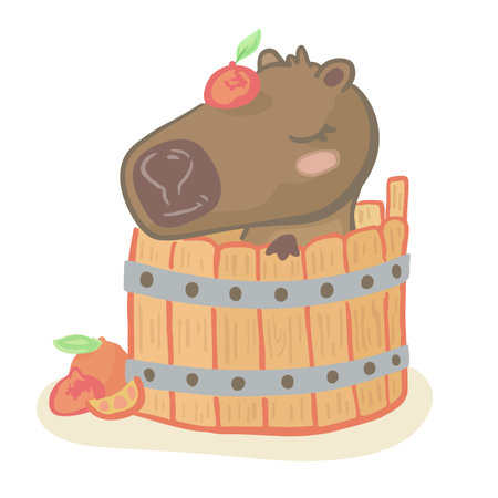 A cute and funny cartoon illustration of a capybara taking a relaxing bath in a wooden barrel with orangesのイラスト素材