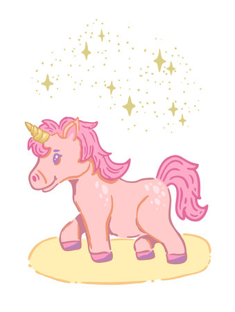 Beautiful vector illustration with charming pink unicorn with golden horn and stars on the white backgroundのイラスト素材