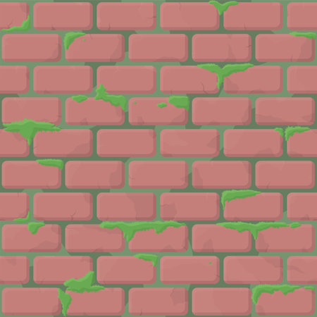 Detailed vector illustration of a brick wall covered with green moss, perfect for backgrounds, textures, and design elementsのイラスト素材