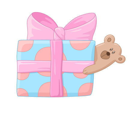 Adorable cartoon vector illustration of a blue gift box with red polka dots and a pink bow, with a cute brown teddy bear peeking out. Perfect for birthday, holiday or any celebrationのイラスト素材