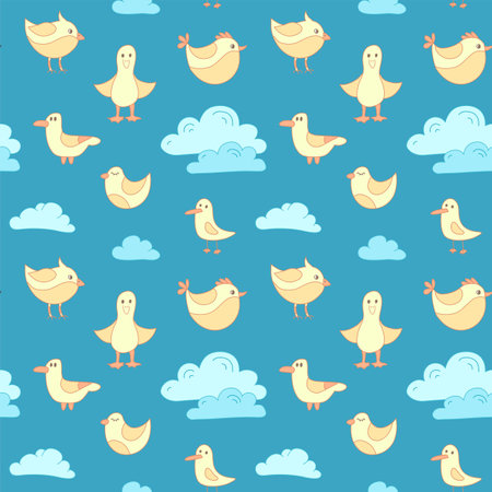 Cute seamless pattern with little cartoon birds and clouds in pastel colors.のイラスト素材