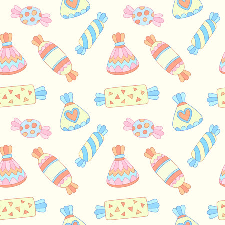 Adorable vector seamless pattern featuring cute colorful hand drawn candiesのイラスト素材