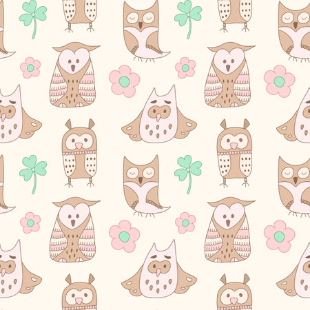 Vector illustration of a cute cartoon owl seamless pattern with floral elementsのイラスト素材