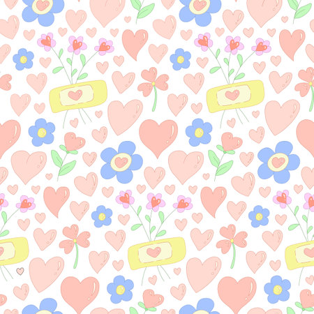 Adorable vector seamless pattern featuring a delicate blend of hand-drawn hearts, flowers, and pastel colorsのイラスト素材