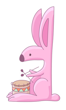 A charming illustration of isolated cute pink cartoon bunny playing a drumのイラスト素材