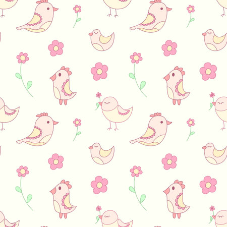 A seamless pattern of cute cartoon birds and flowers in pastel pinksのイラスト素材
