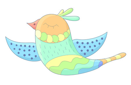 A charming cartoon illustration of a cute and colorful bird in flightのイラスト素材