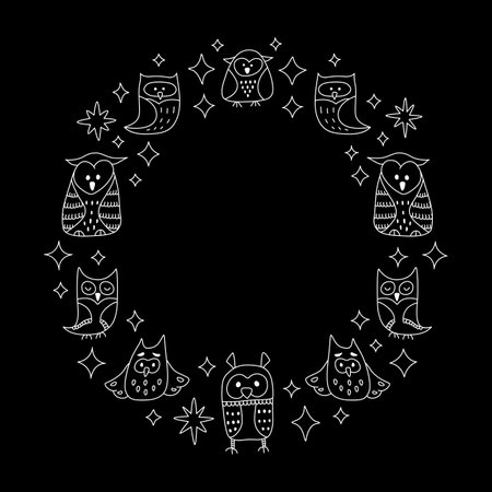 Linear cute hand drawn owl frame design with stars on black backgroundのイラスト素材