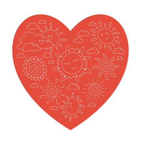 A whimsical illustration of a heart filled with smiling suns and cloudsのイラスト素材