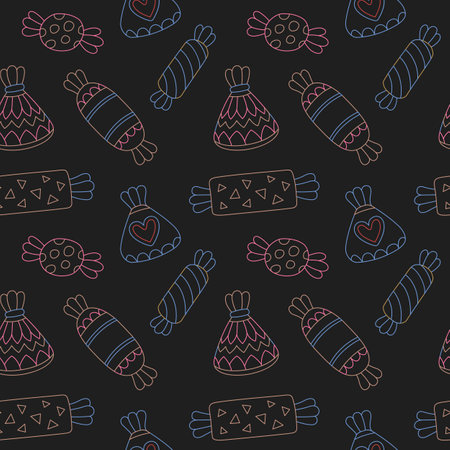 Cute seamless line art pattern with colorful candies on the black backgroundのイラスト素材