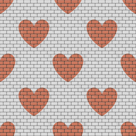 Seamless pattern of red heart shapes on a white brick wall backgroundのイラスト素材
