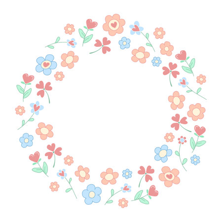 A cute floral wreath frame with pastel-colored flowers and heartsのイラスト素材