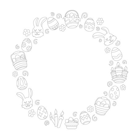 Cute easter frame with bunnies, baskets of easter eggs, flowers and candlesのイラスト素材