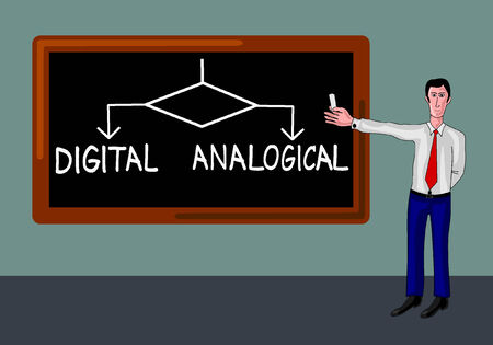 man in a classroom and blackboard with digital-analogical conceptのイラスト素材