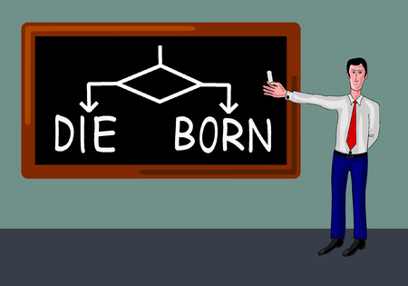man in a classroom and blackboard with die-born conceptのイラスト素材