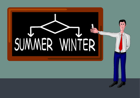 man with blackboard and summer-winter concept in flowchartのイラスト素材