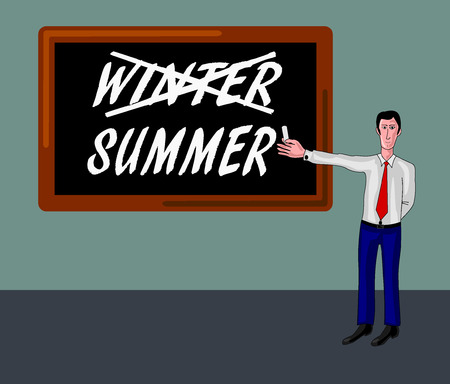 man with blackboard and winter-summer conceptのイラスト素材