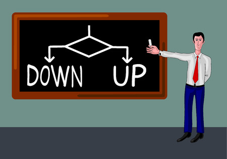 man with blackboard and up-down concept in flowchartのイラスト素材