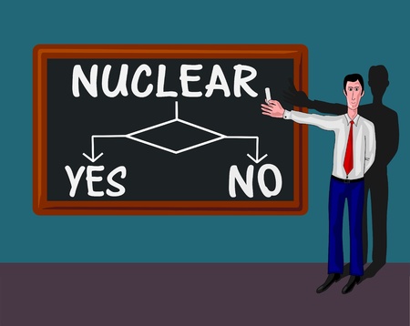 man in a classroom with blackboard and flowchart with nuclear concept のイラスト素材