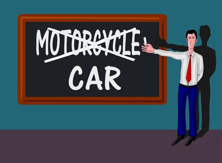 man in a classroom with blackboard and flowchart with car-motorcycle conceptのイラスト素材