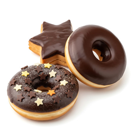 Three delicious chocolate-covered donuts, one with star sprinkles, and a star-shaped cookie sit isolated on a clean white background, perfect for food blogs and advertisements.の素材